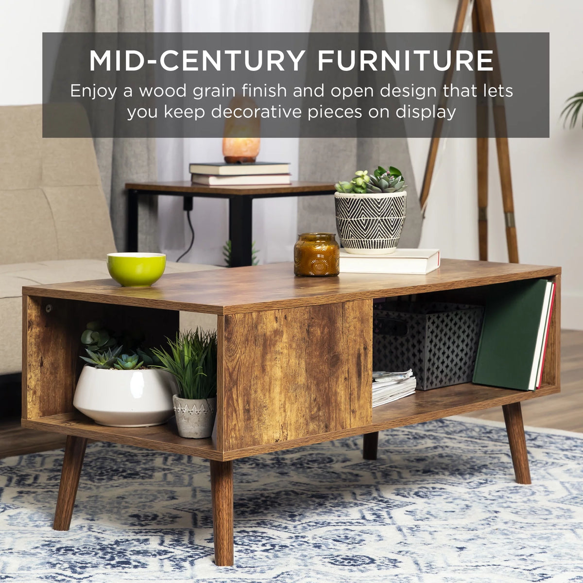 Wooden Mid-Century Modern Coffee Accent Table with Open Storage Shelf Brown T804