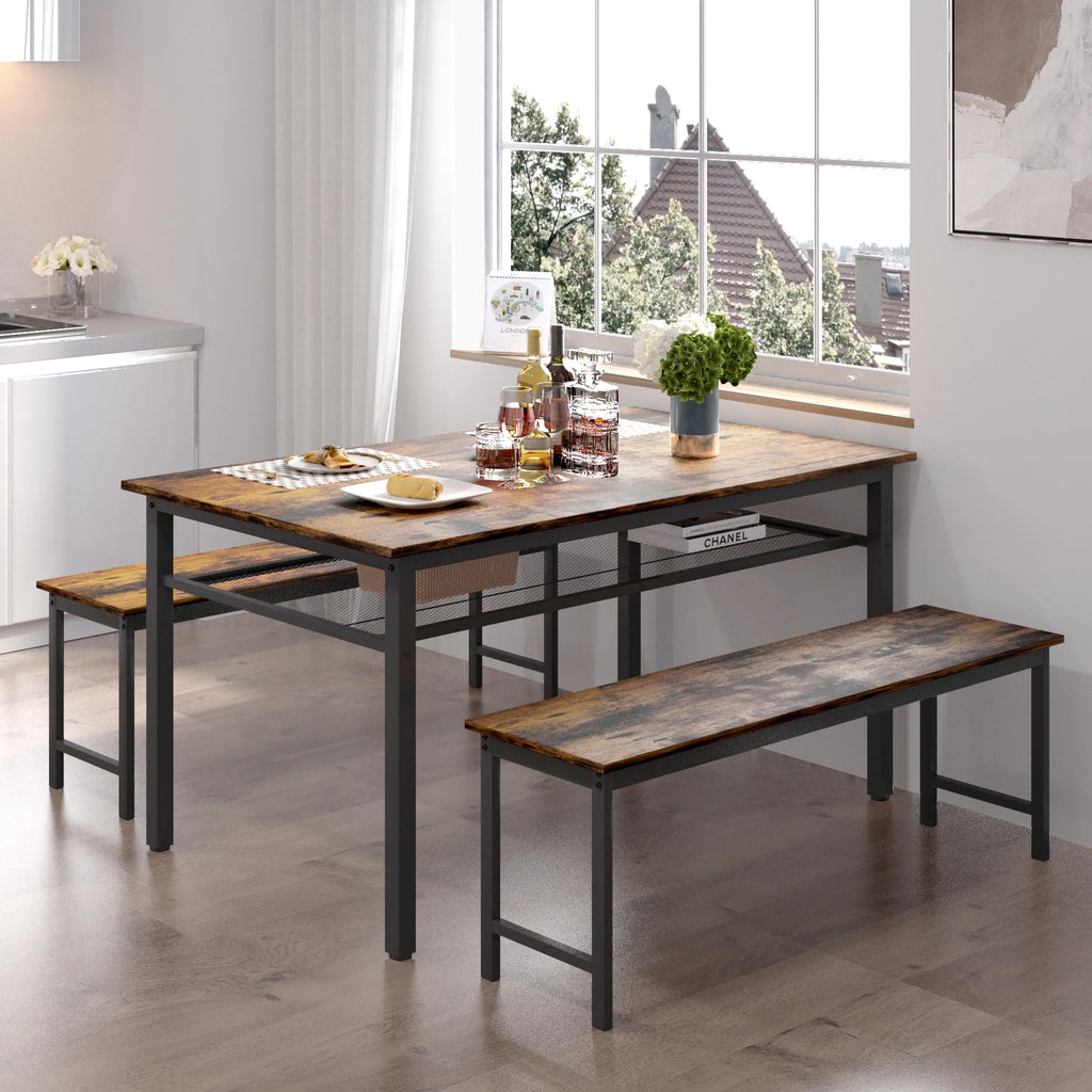 3 Piece Dining Table Set with 2 Benches S483