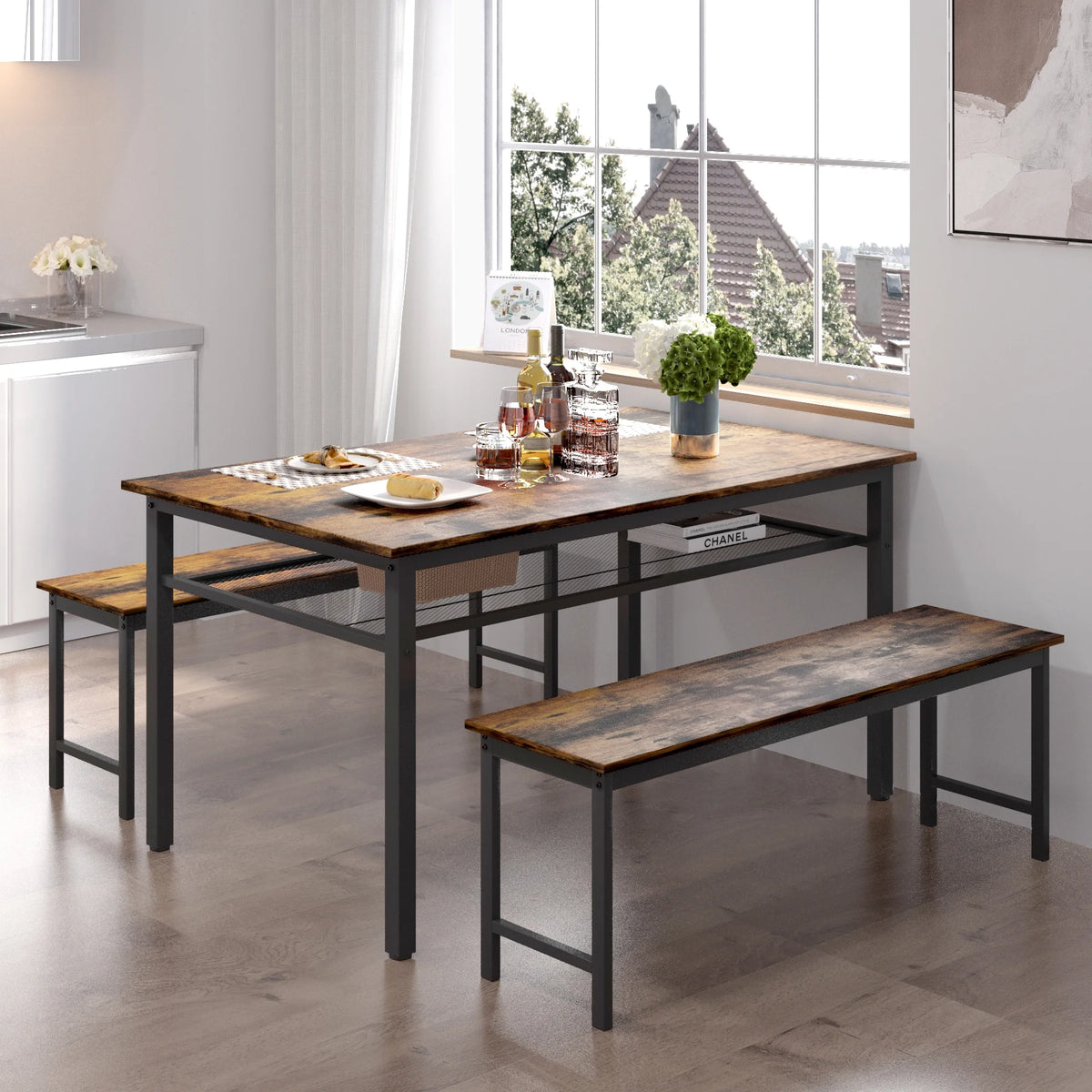3 Piece Dining Table Set with 2 Benches S483