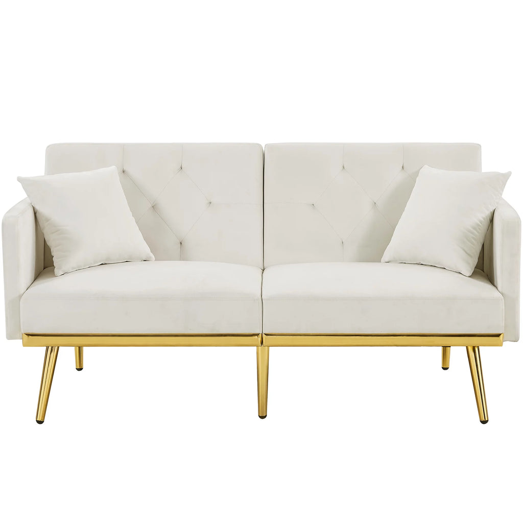 White Velvet Futon Sofa Bed with Gold Metal Legs K72343