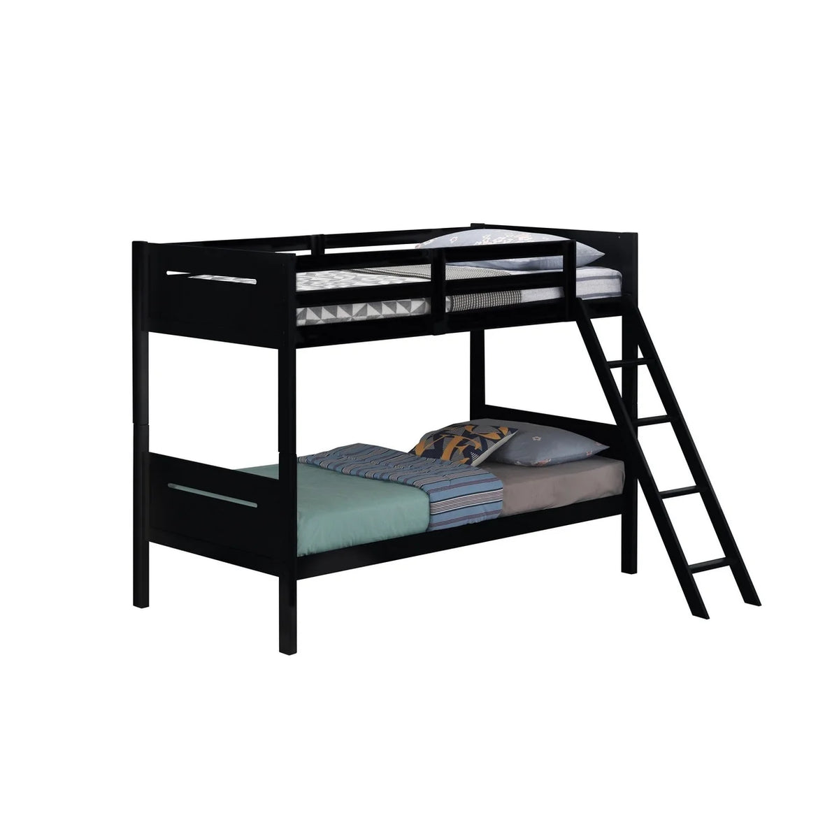 Black Wood Twin Bunk Bed with Ladder Guardrail F197