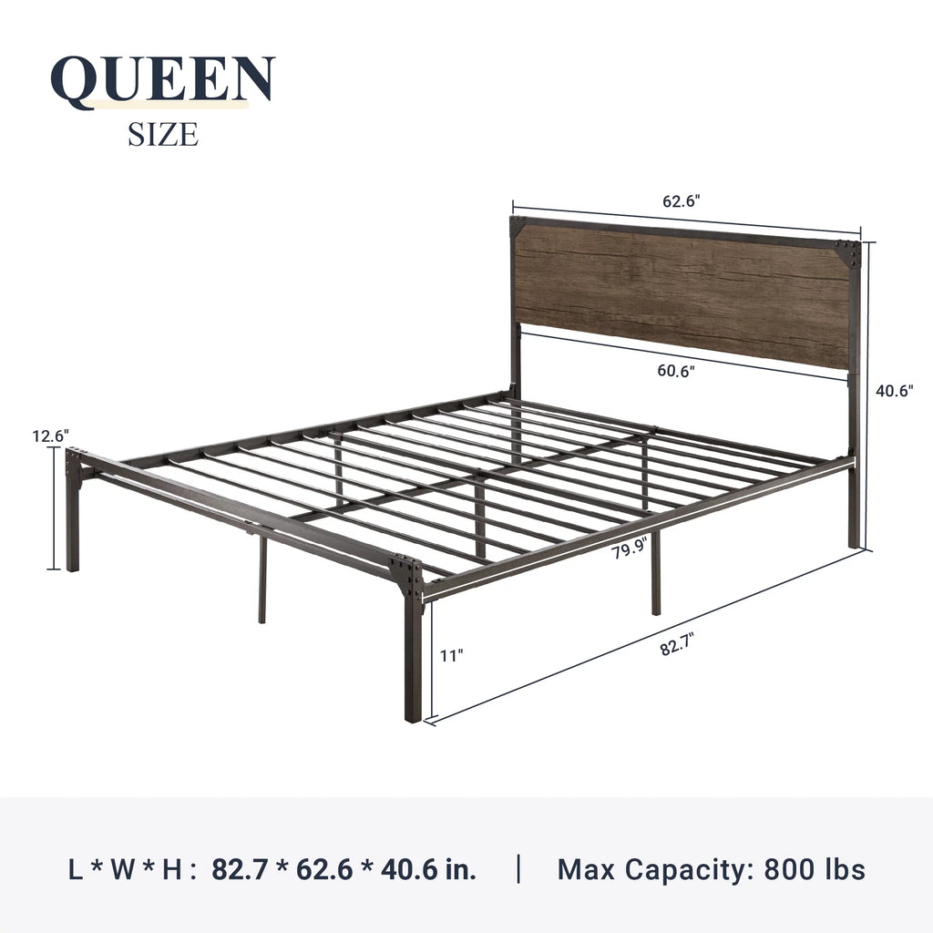 Queen Size Brown Metal Platform Bed Frame with Wooden Headboard J32633