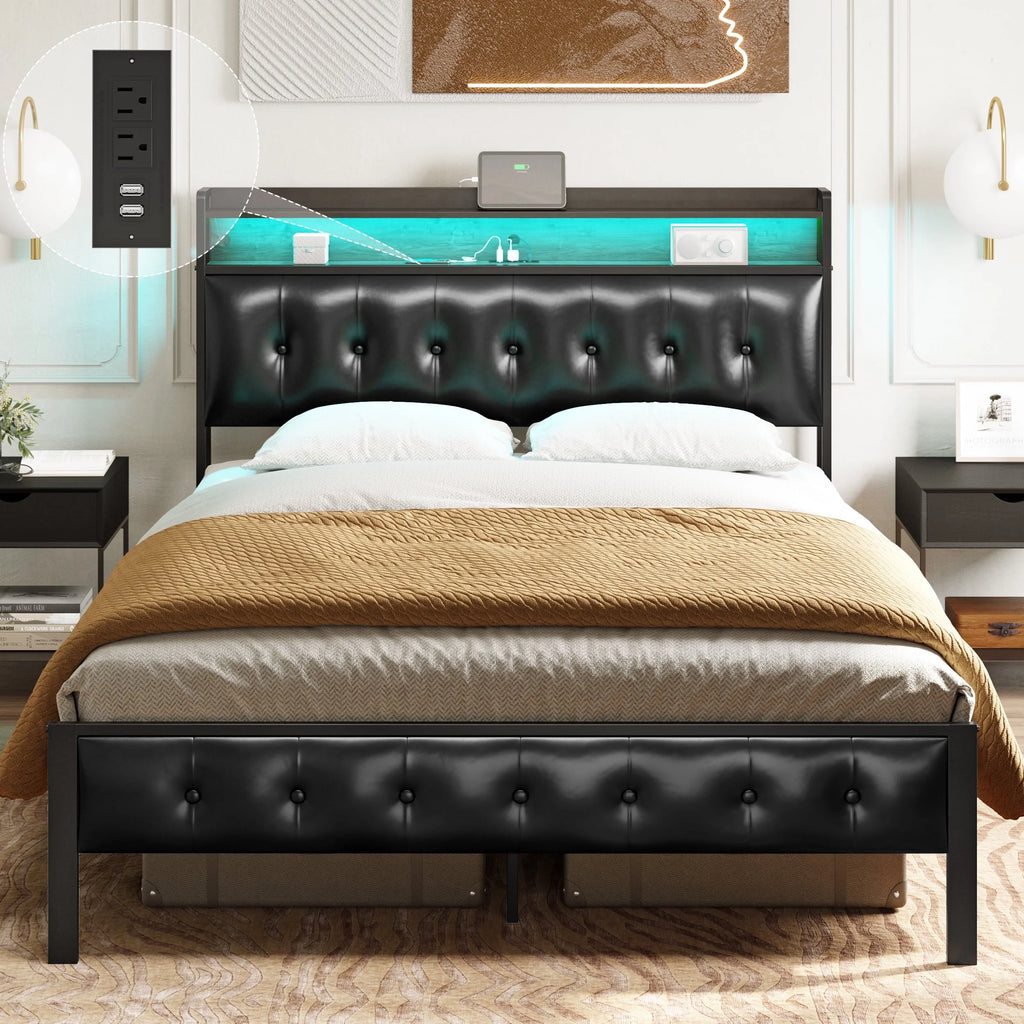 Queen Upholstered Platform Bed Frame with Storage Headboard N148