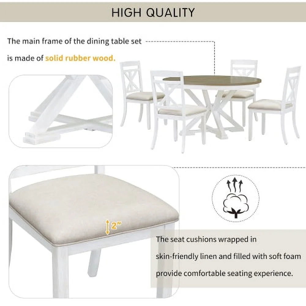5-Piece Extendable Round Dining Table Set with 4 Upholstered Chairs D30789