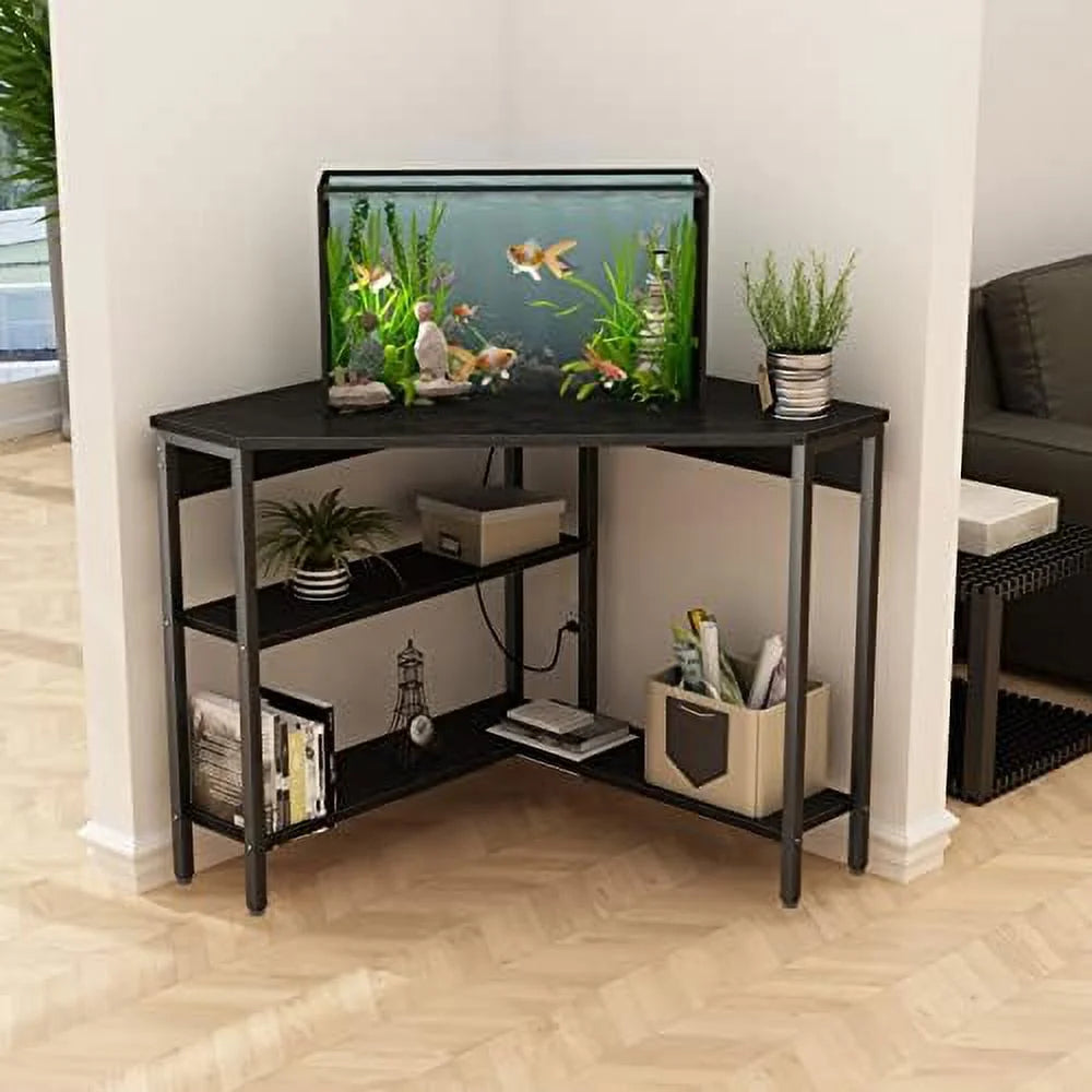 Black Corner Desk with Outlets USB Ports Shelves Q470