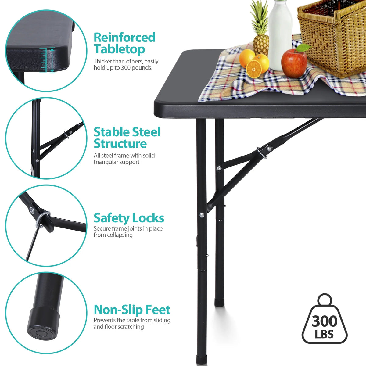 4 Ft Black Folding Plastic Table Y25211