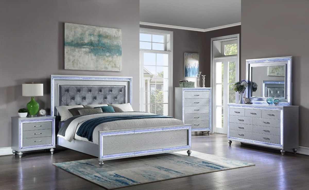 4pc King Size Upholstered Bed Dresser Mirror Nightstand Set S534979