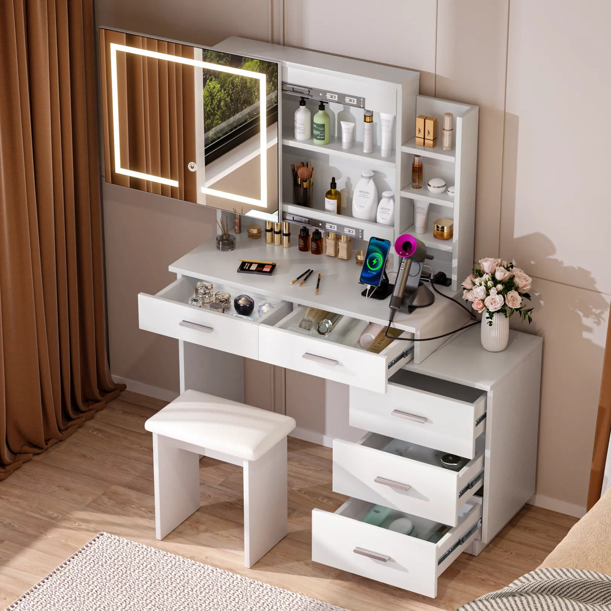 Large White Makeup Vanity Desk with Lighted Mirror and 3-Drawer Chest B493177