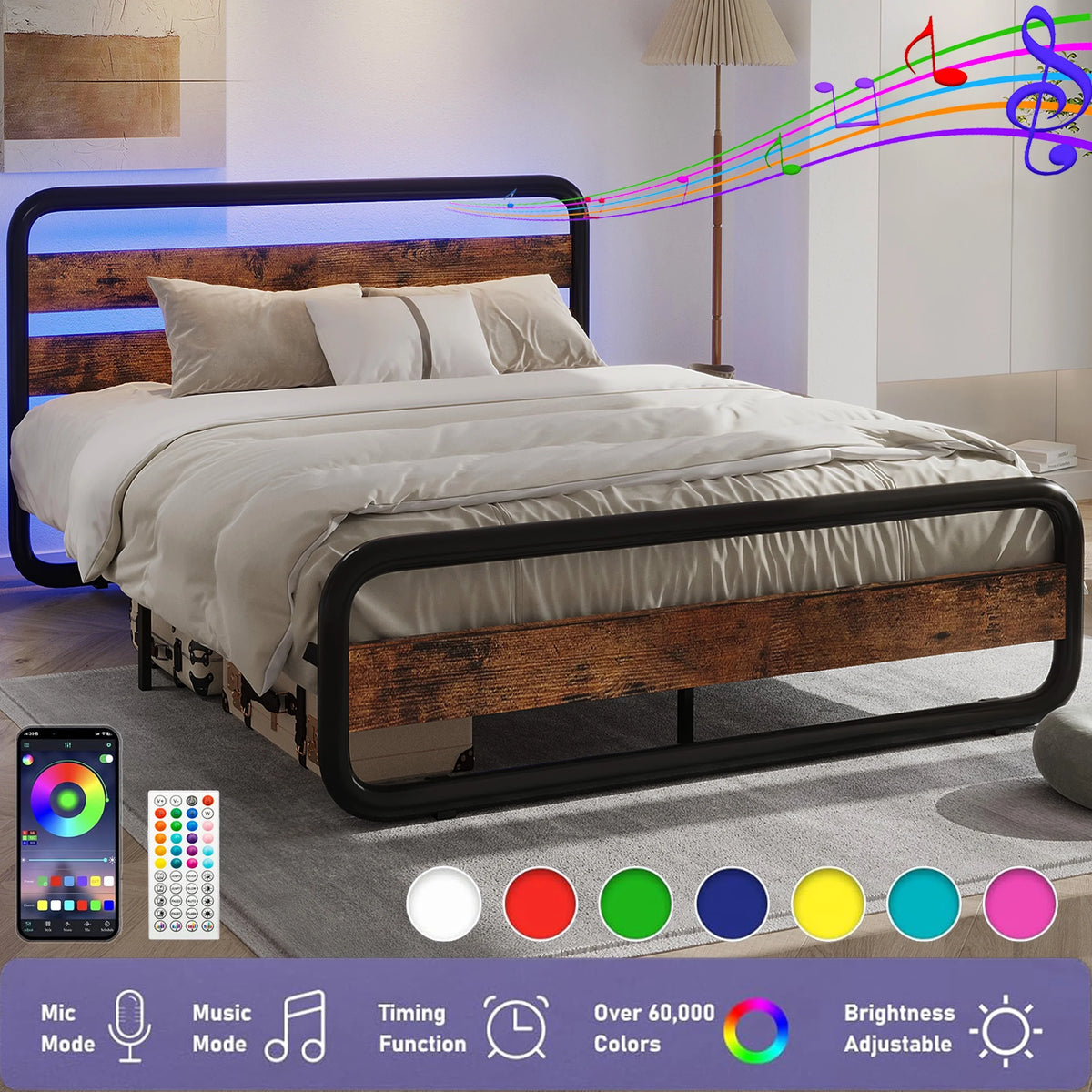 Queen Size Metal Platform Bed Frame with LED Headboard and Storage E34259
