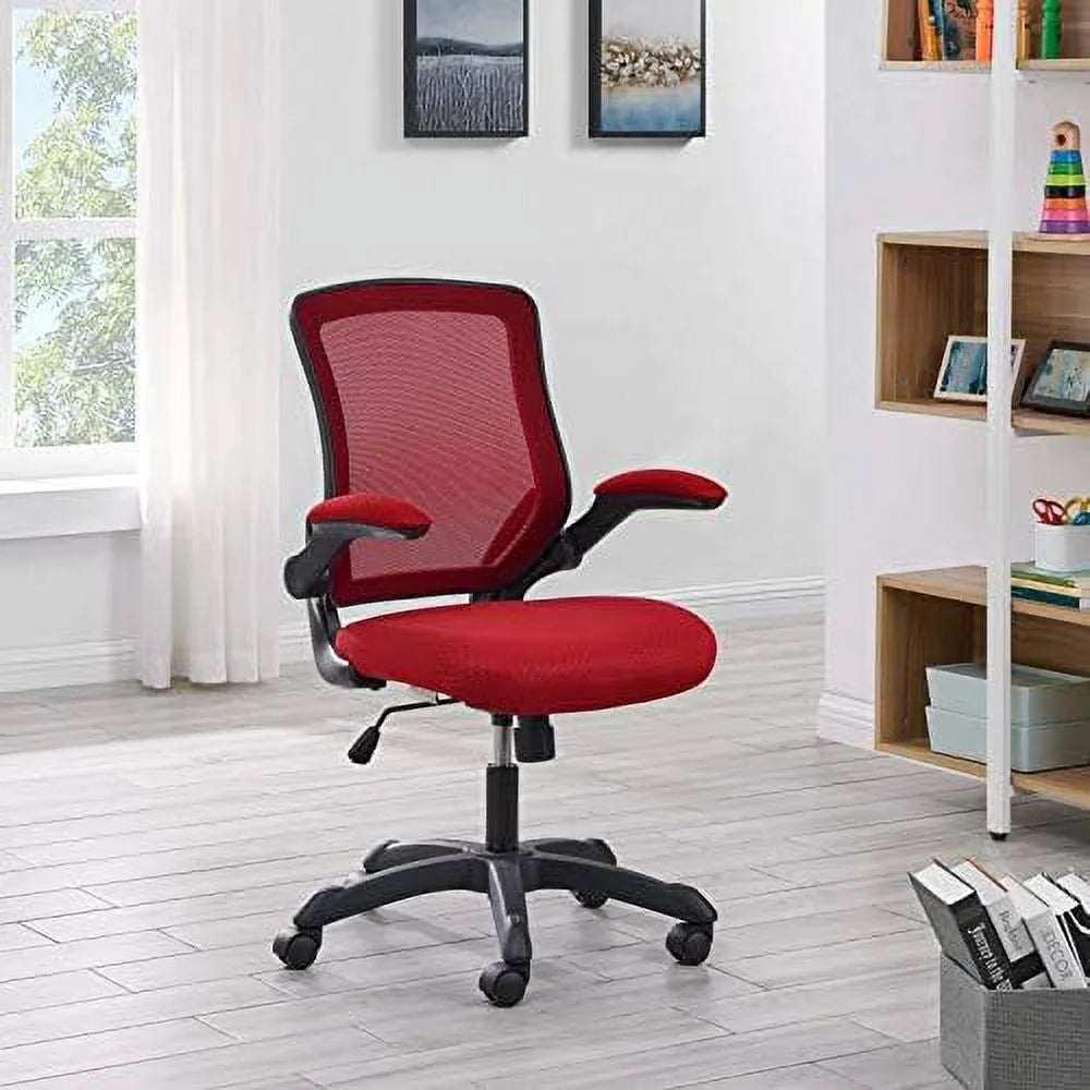 Red Mesh Back Vinyl Seat Office Chair with Flip-Up Arms H75081