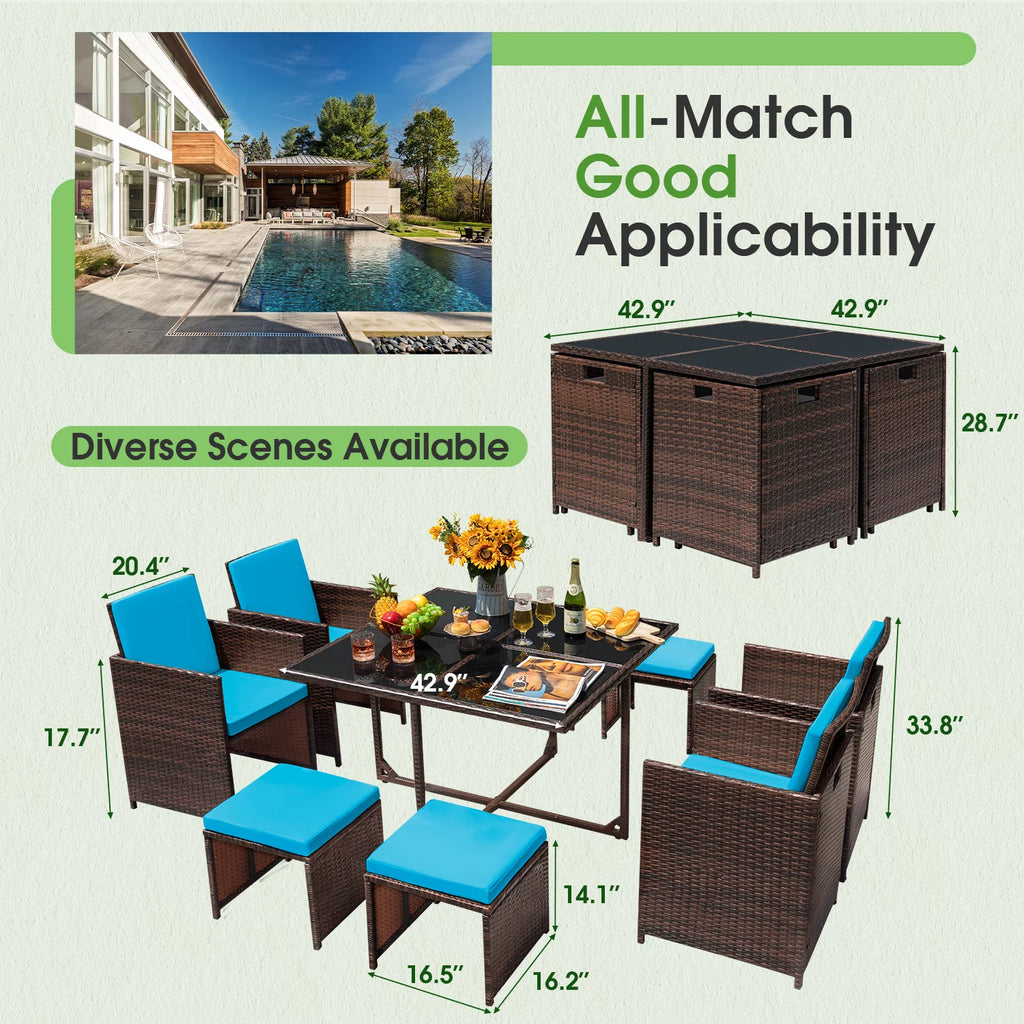 9 Pieces Outdoor Dining Set Wicker Chairs with Glass Table F758