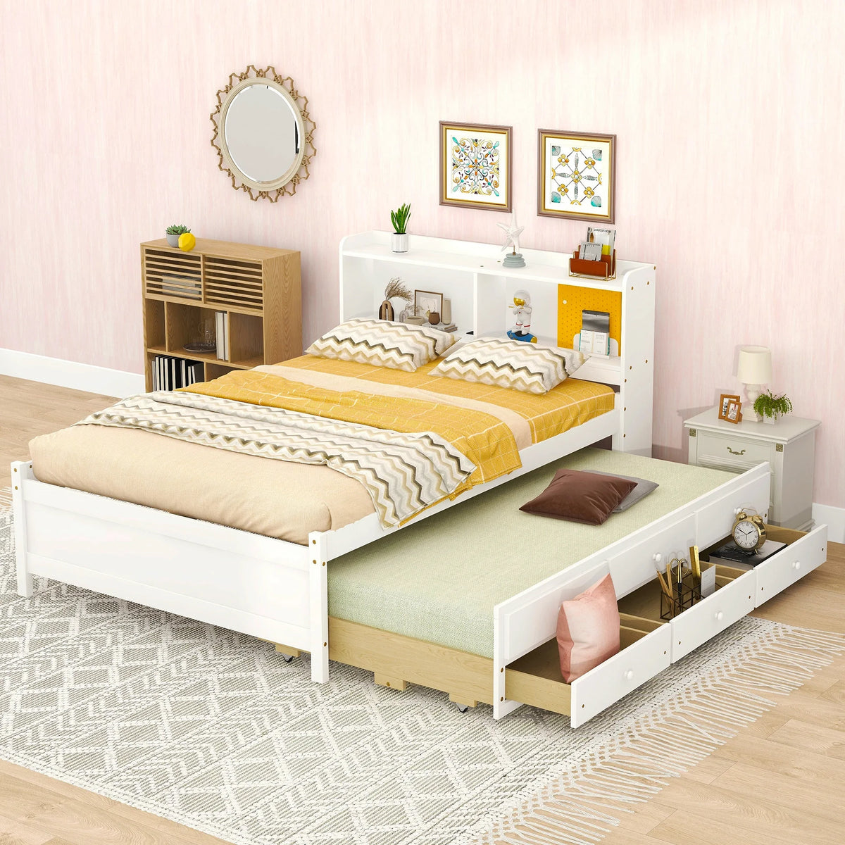 Full Size Wood Platform Bed with Trundle Drawers and Bookcase Headboard White Q3903