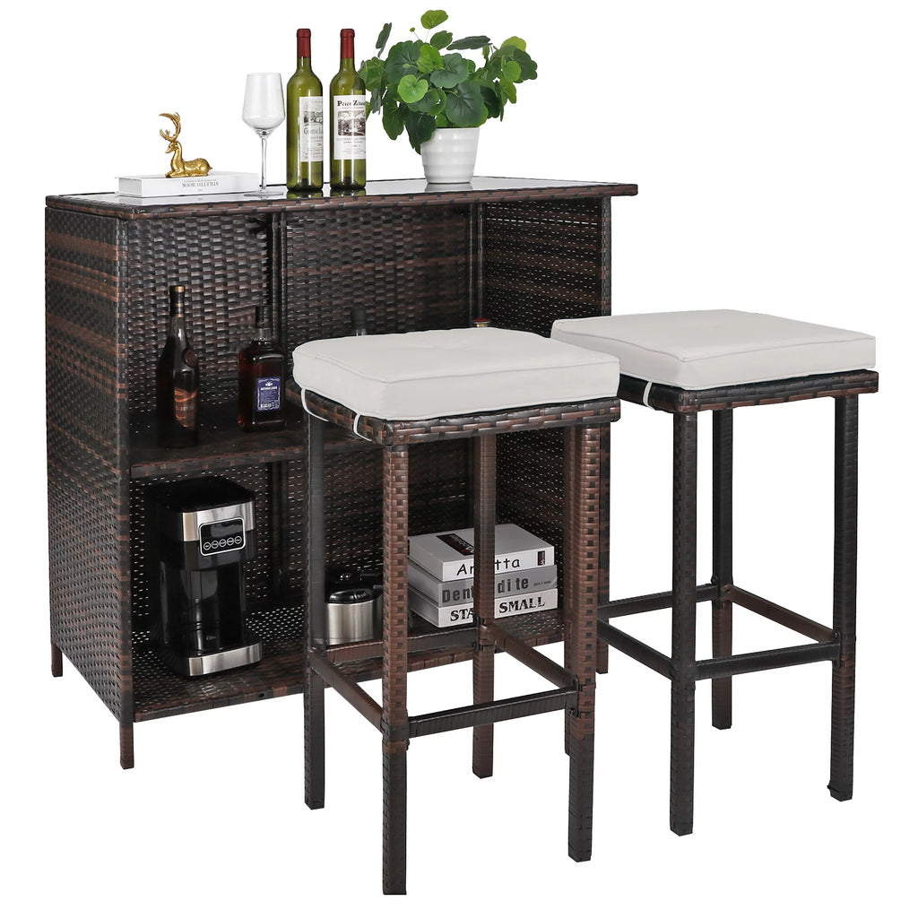 Brown 3 Piece Rattan Patio Bar Set with Storage W376929