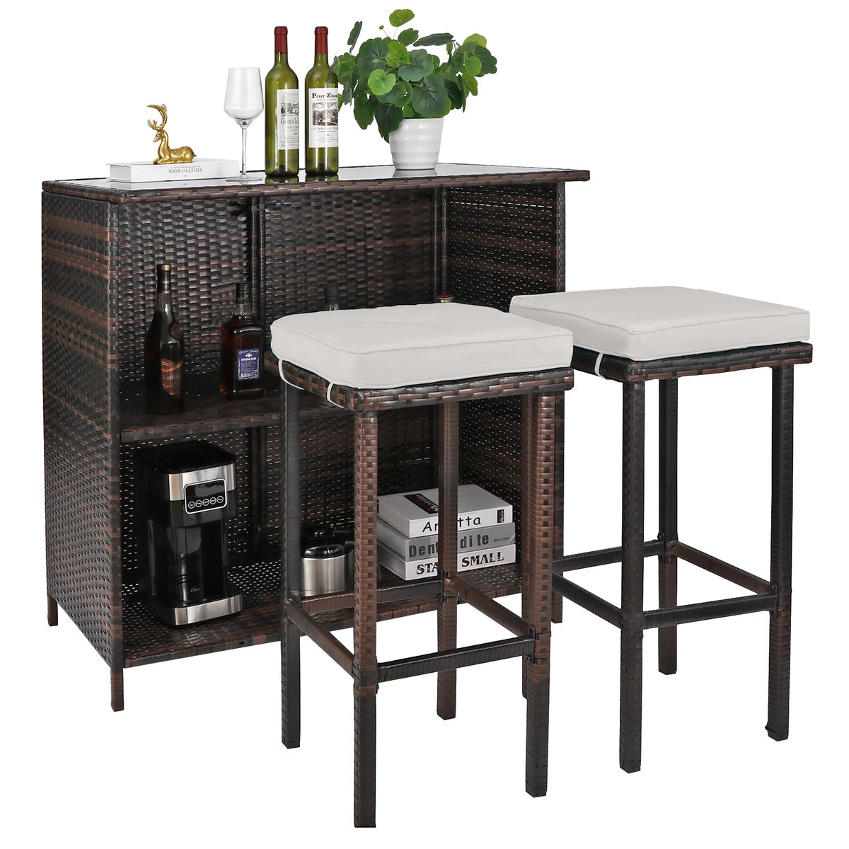 Brown 3 Piece Rattan Patio Bar Set with Storage W376929