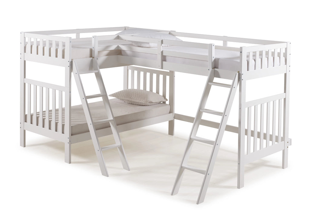White Twin Over Twin Wood Bunk Bed with Third Bunk Extension A877