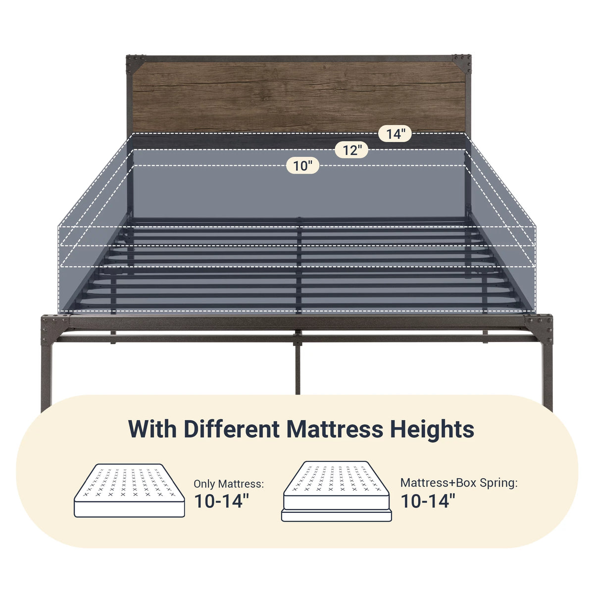 Queen Size Brown Metal Platform Bed Frame with Wooden Headboard J32633