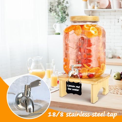 2 Gallon Glass Beverage Dispenser with Wood Stand and Stainless Steel Spigot T9757