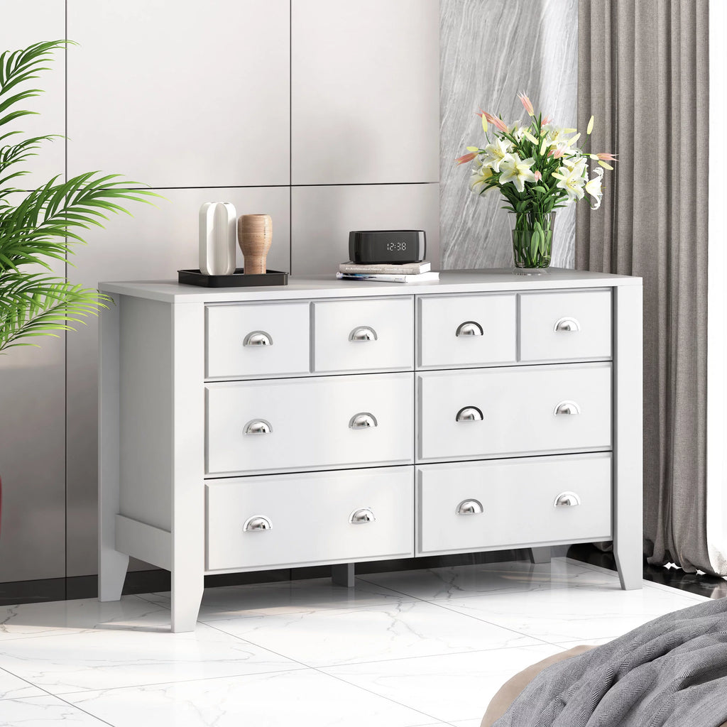 White 6 Drawer Faux Wood Double Dresser H89211