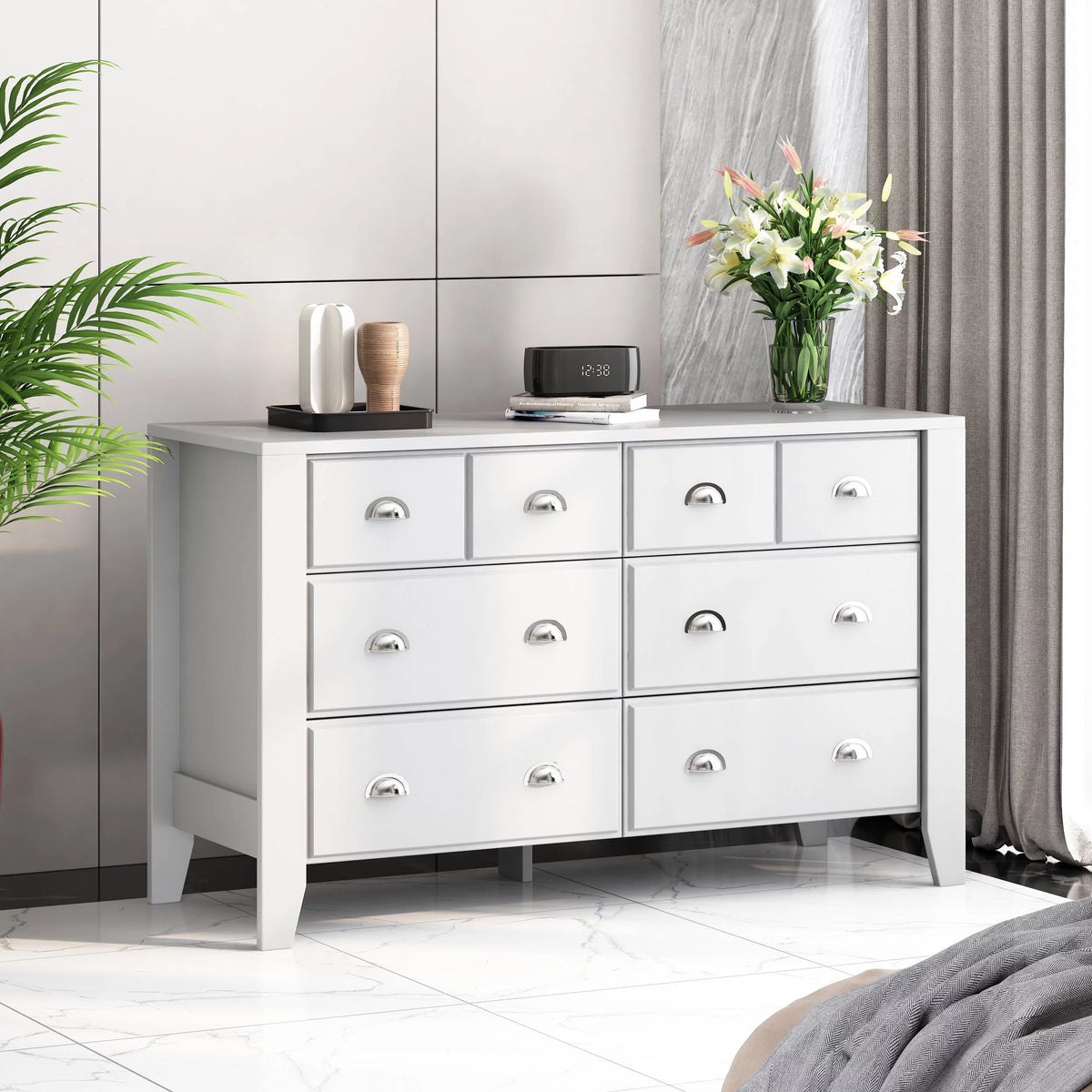 White 6 Drawer Faux Wood Double Dresser H89211