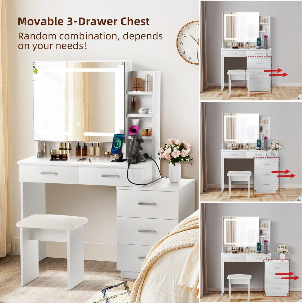 Large White Makeup Vanity Desk with Lighted Mirror and 3-Drawer Chest B493177