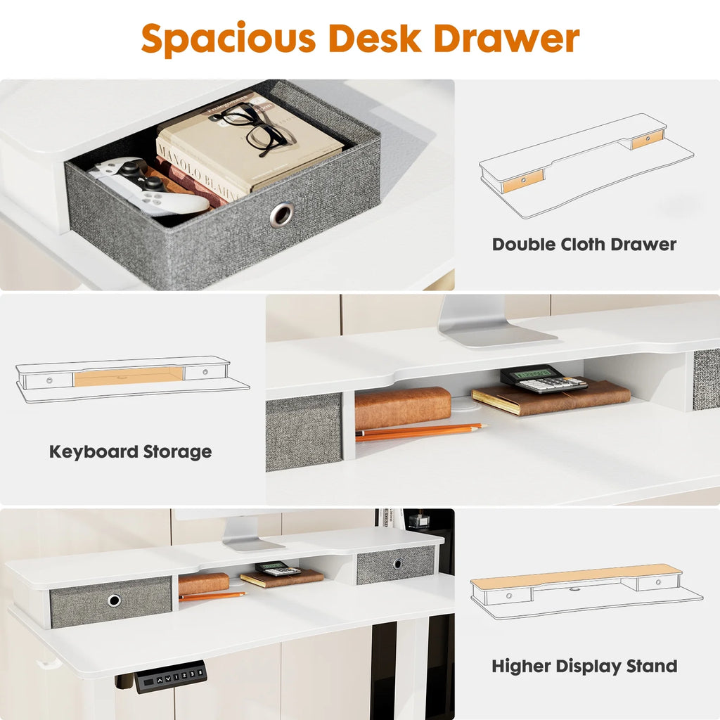 Height Adjustable Electric Standing Desk with Storage Shelf Double Drawer U2824