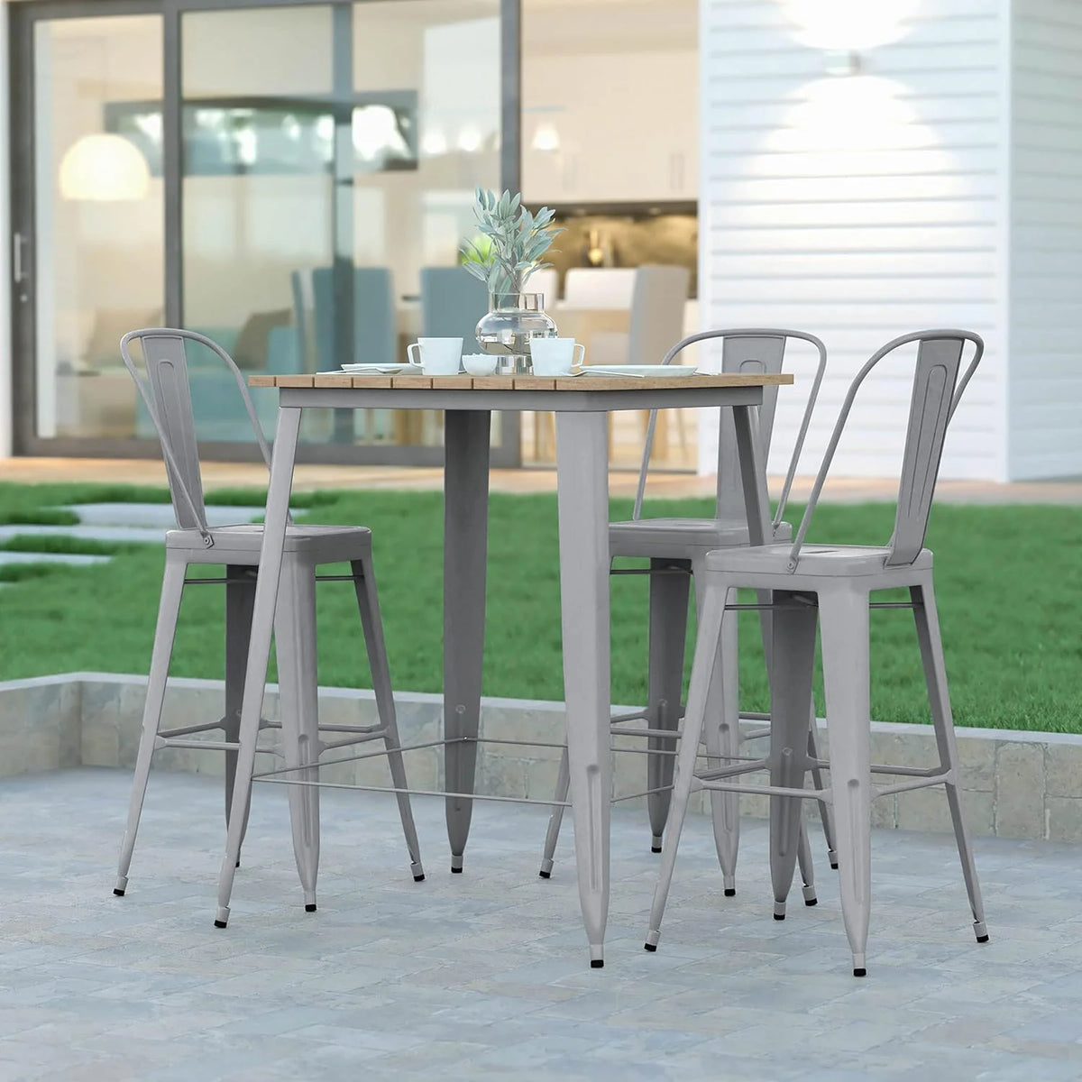 Indoor/Outdoor Bar Top Table Brown Resin Silver Steel M867040