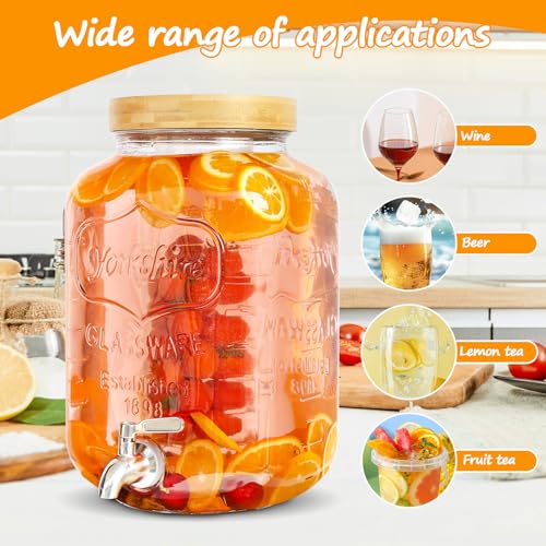 2 Gallon Glass Beverage Dispenser with Wood Stand and Stainless Steel Spigot T9757