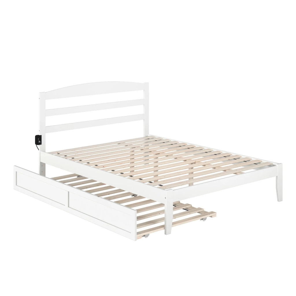Solid Wood Queen Bed with Twin Trundle and USB Charger in White B2619