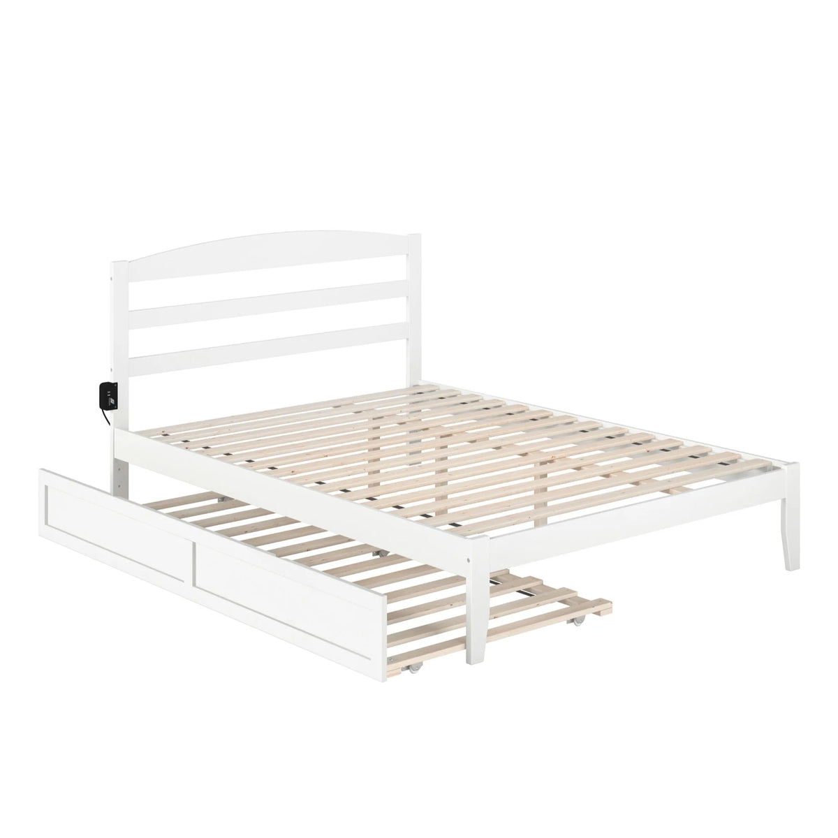 Solid Wood Queen Bed with Twin Trundle and USB Charger in White B2619