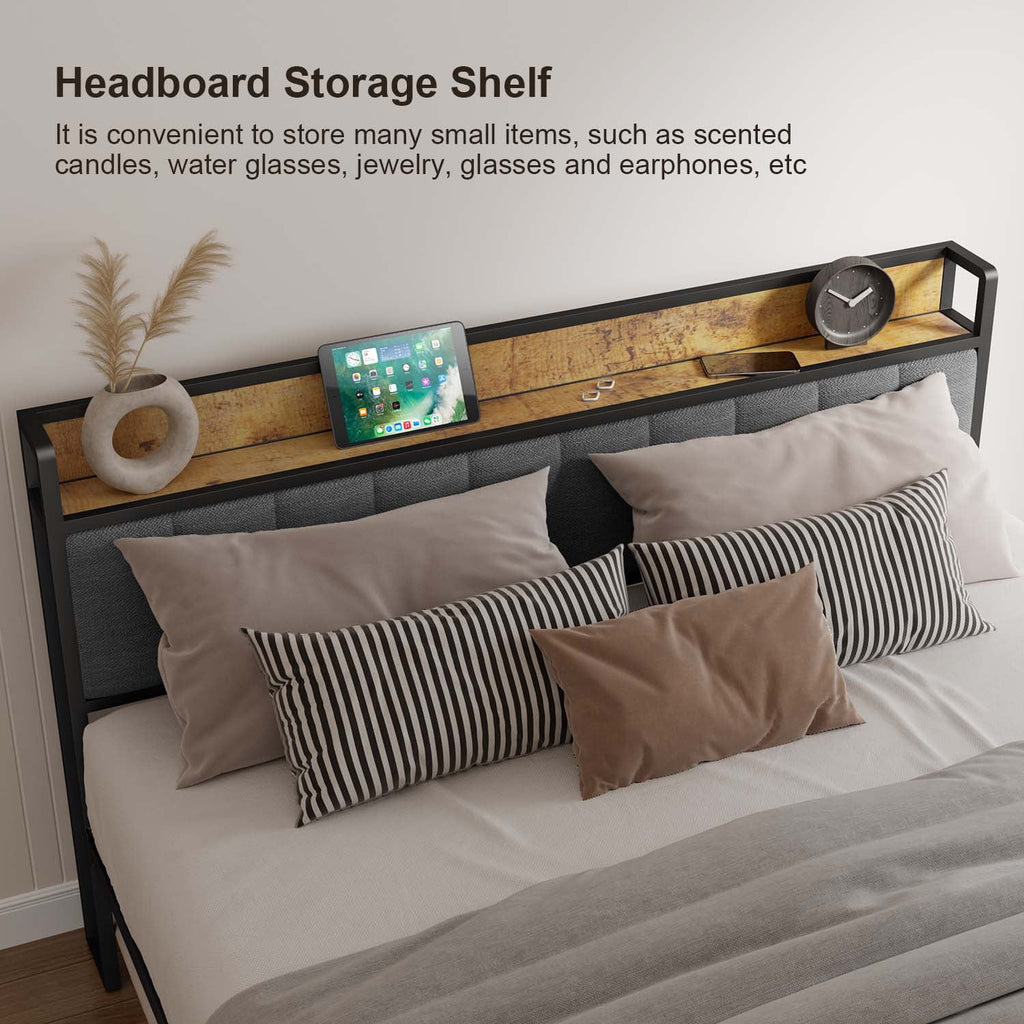 Queen Bed Frame with Storage Headboard, Dark Grey O193158