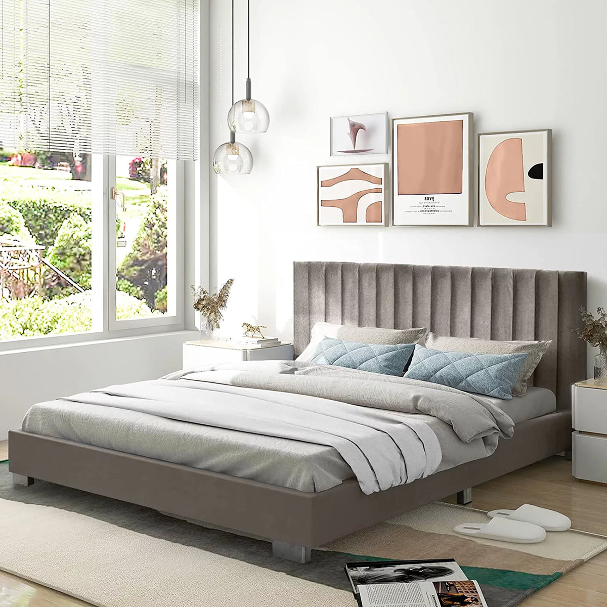 Navy Upholstered Full Size Platform Bed Frame Y9478