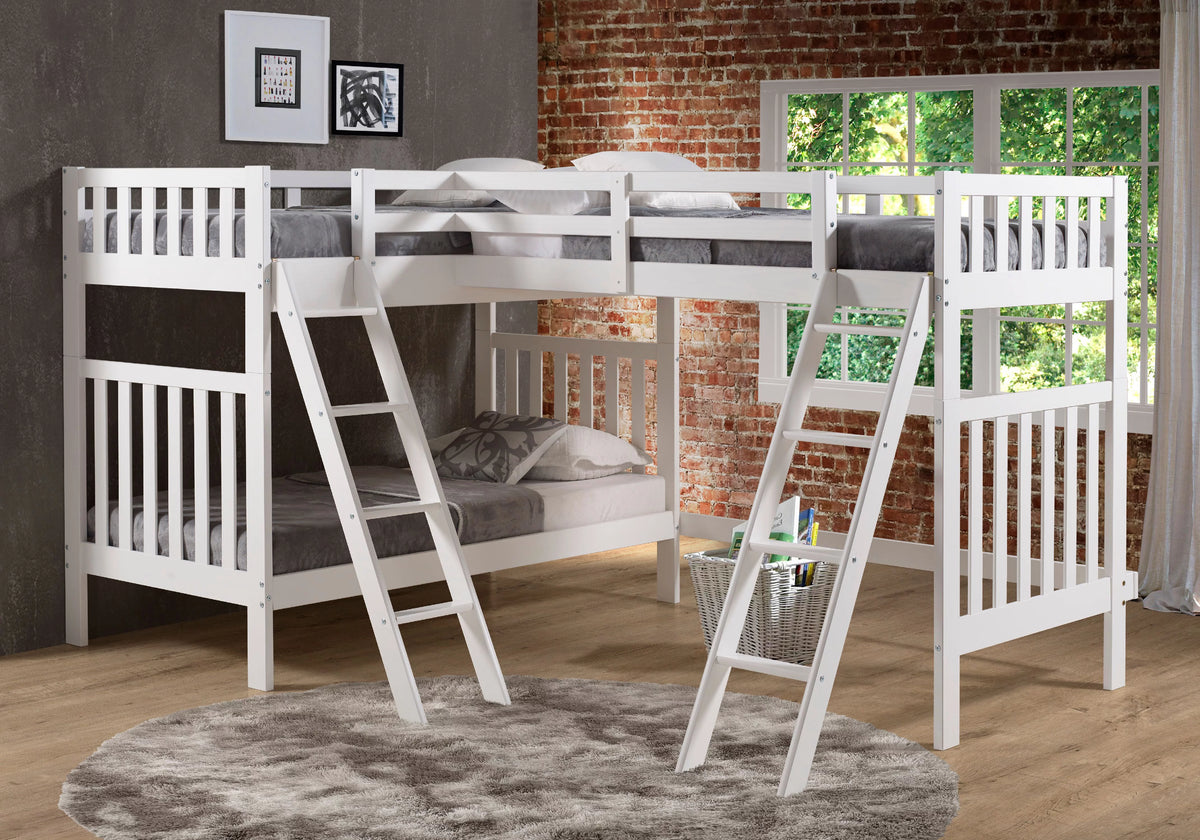 White Twin Over Twin Wood Bunk Bed with Third Bunk Extension A877