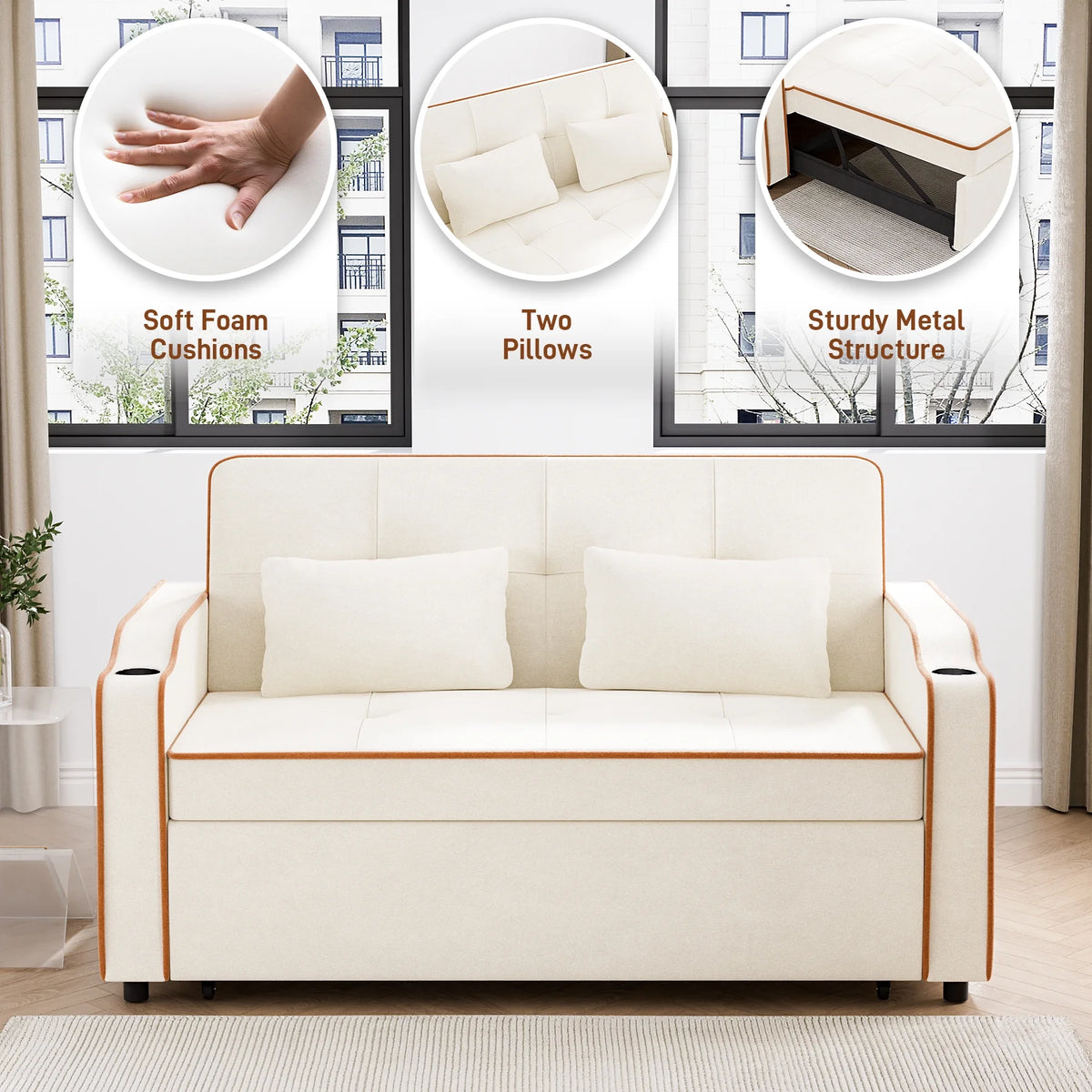 3 in 1 Convertible Sleeper Sofa Couch with Pullout Bed D7625