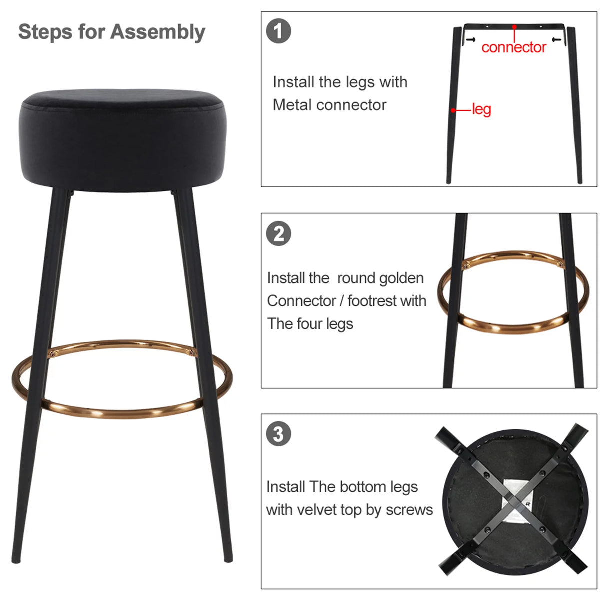 30" Round Velvet Bar Stool Set of 2 Black E98237