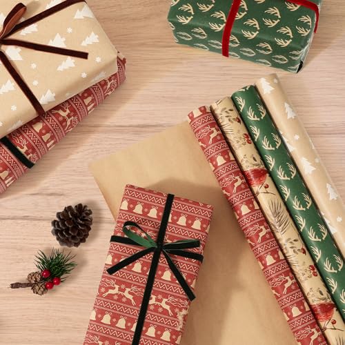 Brown Kraft Christmas Wrapping Paper, 4 Rolls N484