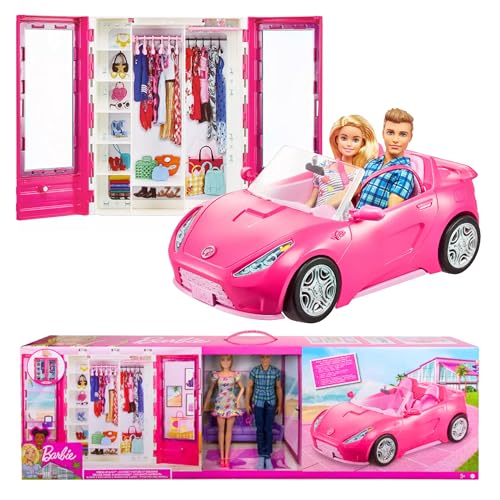 Barbie and Ken Doll with Wardrobe and Pink Two-Seater Convertible Car Z913299