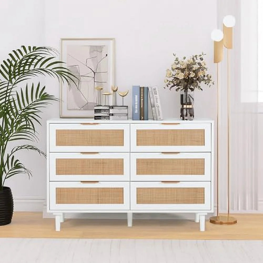 White 6 Drawer Rattan Wood Dresser E145