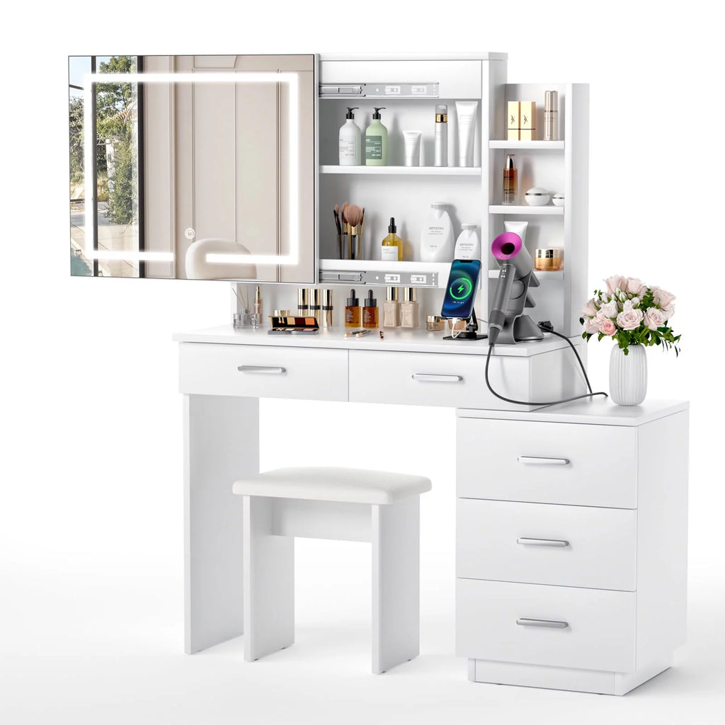 Large White Makeup Vanity Desk with Lighted Mirror and 3-Drawer Chest B493177