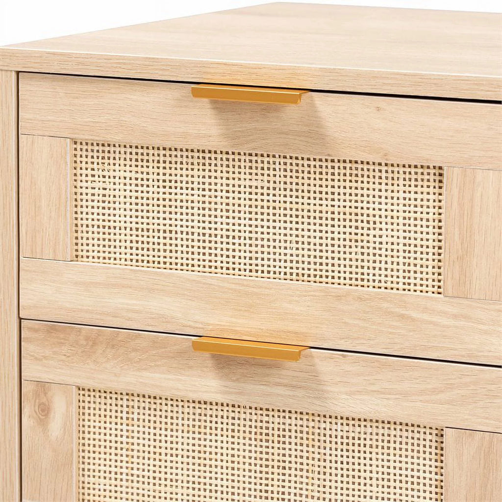 Light Oak Brown Wood and Rattan 2-Drawer Nightstand B6947