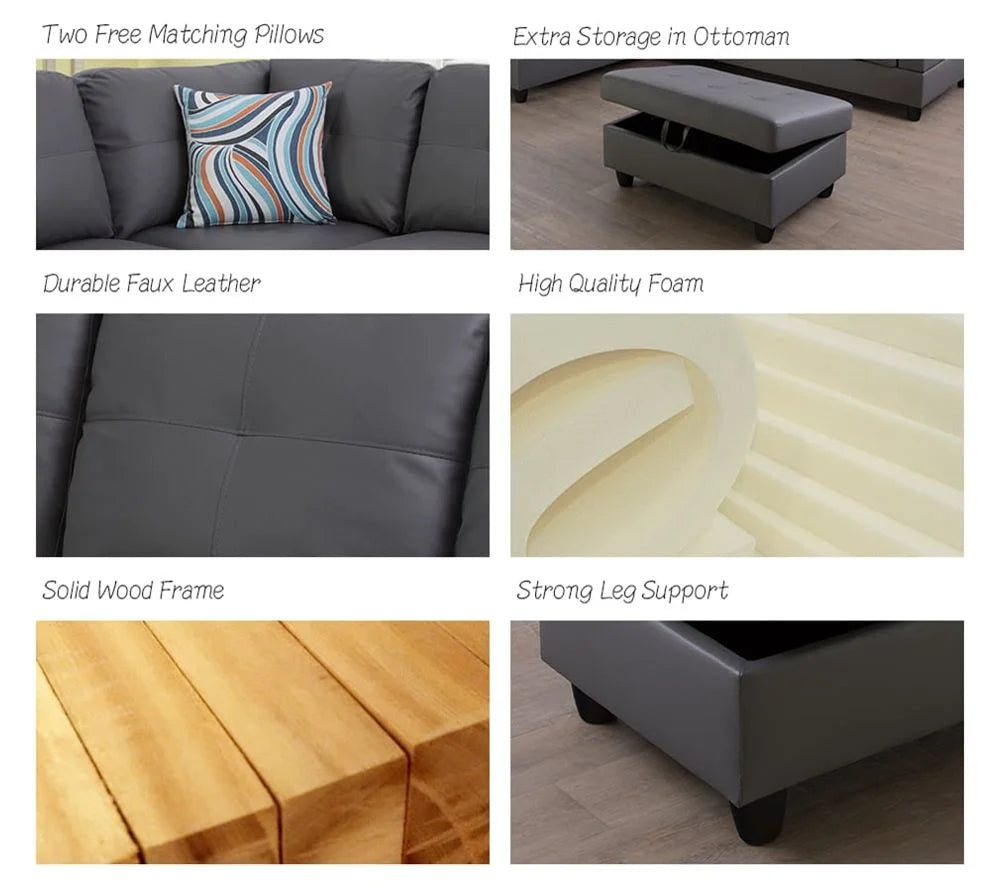 Dark Grey Faux Leather Sectional with Ottoman I822