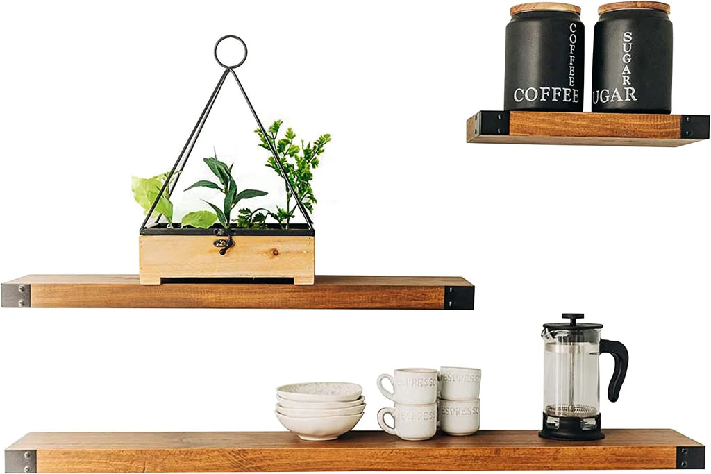 Wall Mounted Wooden Floating Shelves, Light Walnut 12", 24" & 36" Set U171660