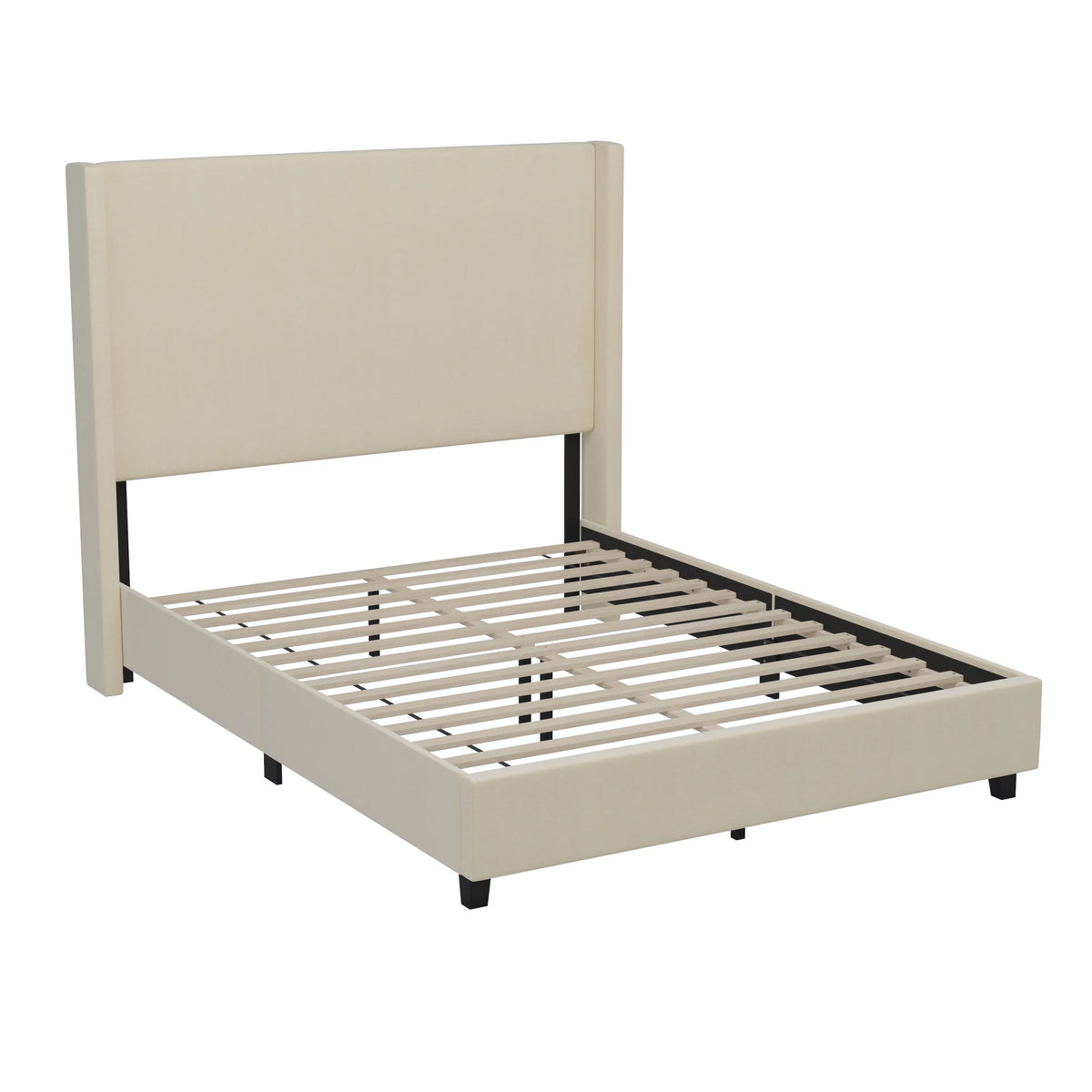 Queen Size Beige Faux Linen Upholstered Platform Bed Frame Z942