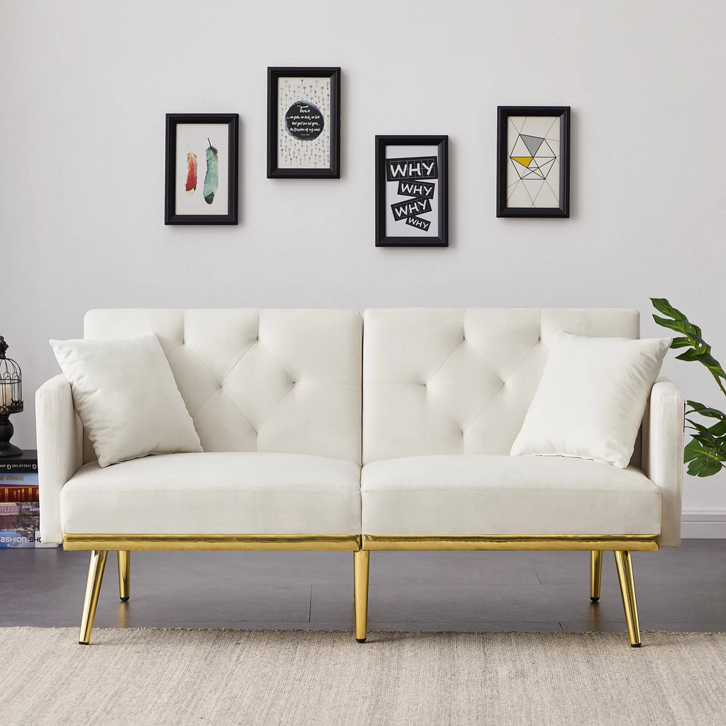 White Velvet Futon Sofa Bed with Gold Metal Legs K72343
