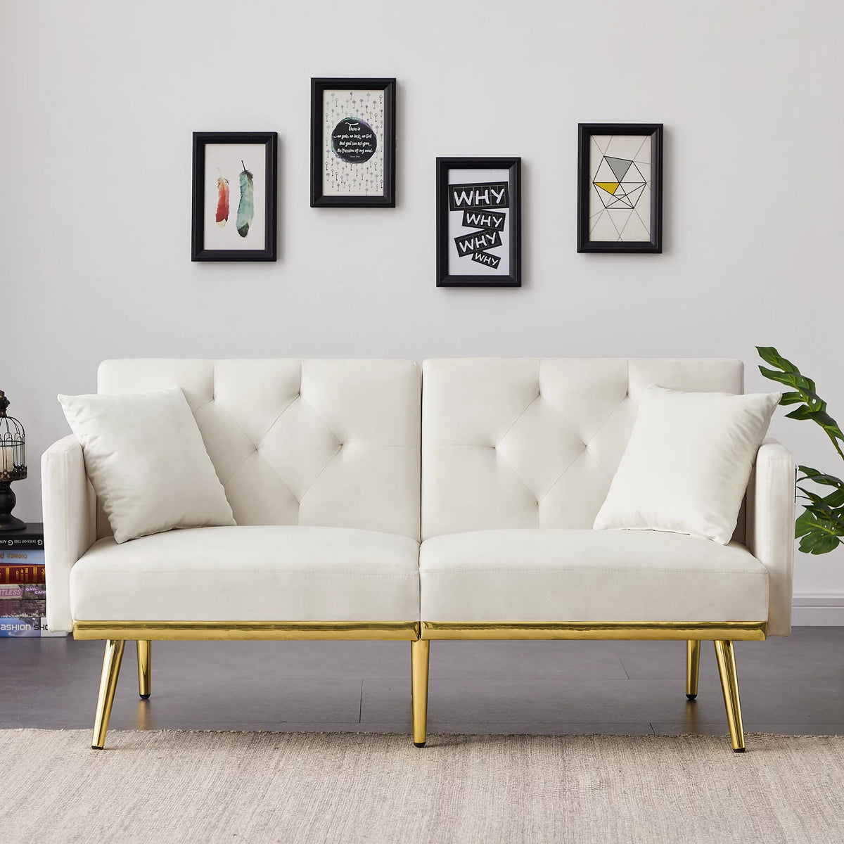 White Velvet Futon Sofa Bed with Gold Metal Legs K72343