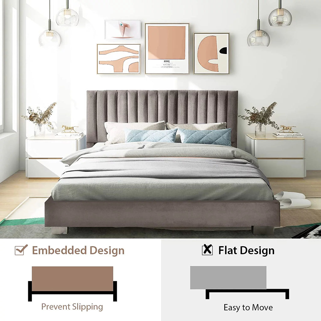 Navy Upholstered Full Size Platform Bed Frame Y9478
