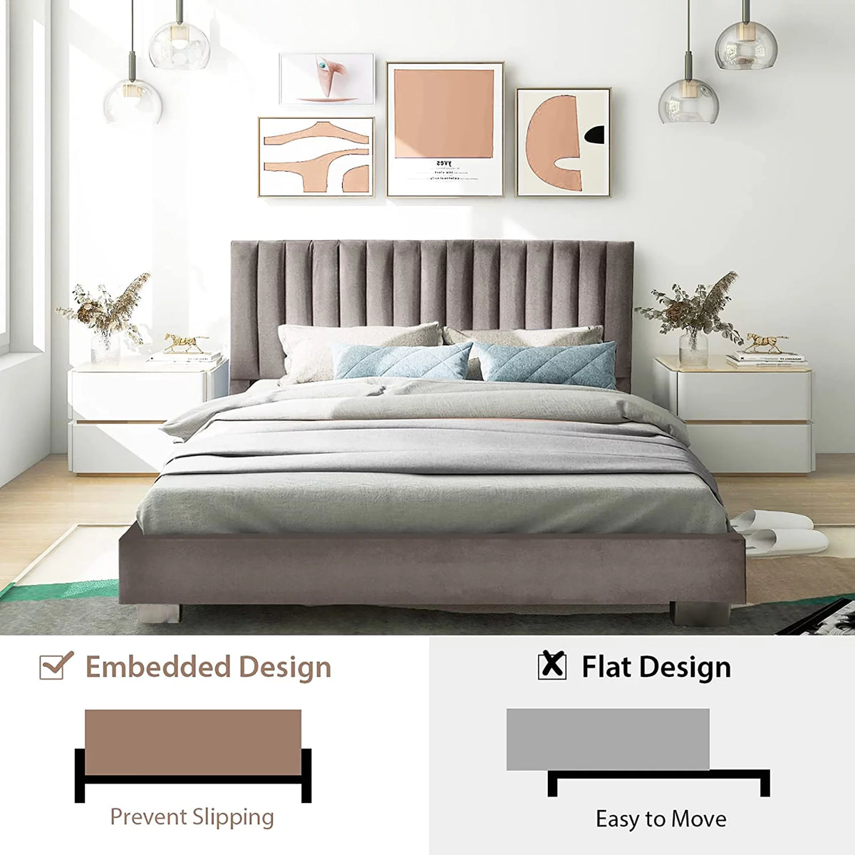 Navy Upholstered Full Size Platform Bed Frame Y9478