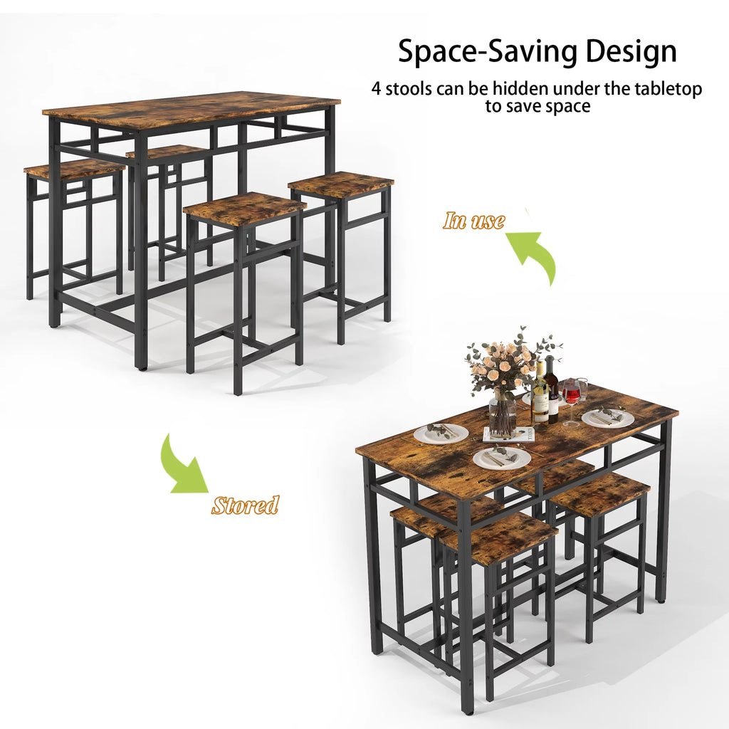 5 Piece Wooden Metal Dining Table and Stools Set A674
