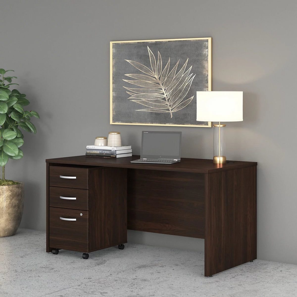 Black Walnut Engineered Wood Office Desk with Drawers M415689