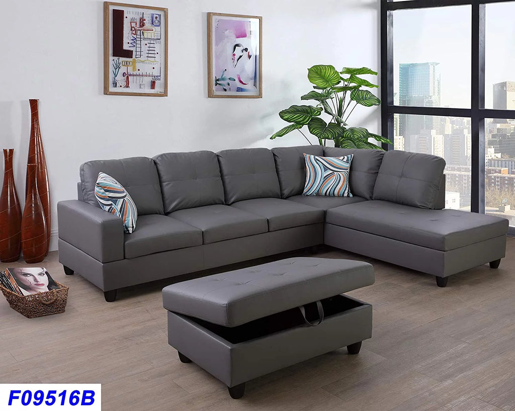 Dark Grey Faux Leather Sectional with Ottoman I822