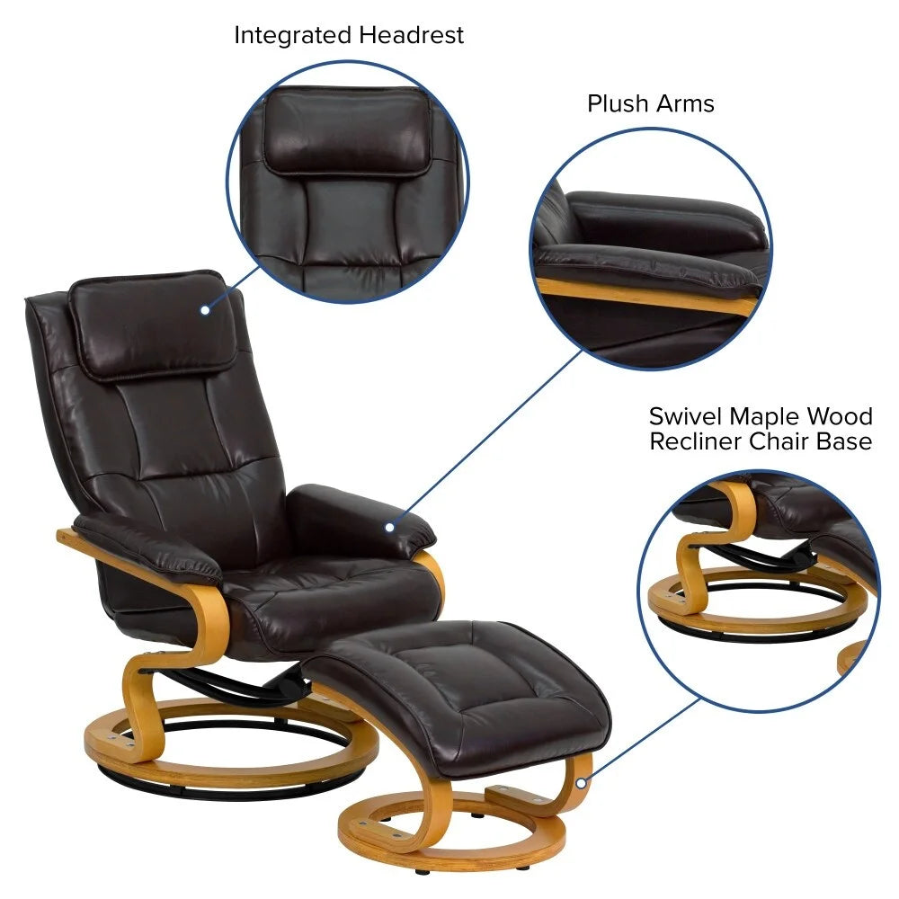 Brown Pushback Recliner and Ottoman with Swivel Wood Base D98378